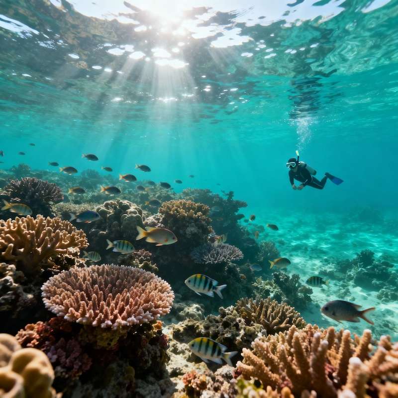 Snorkeling in Philippines coral reef with tropical fish and clear water