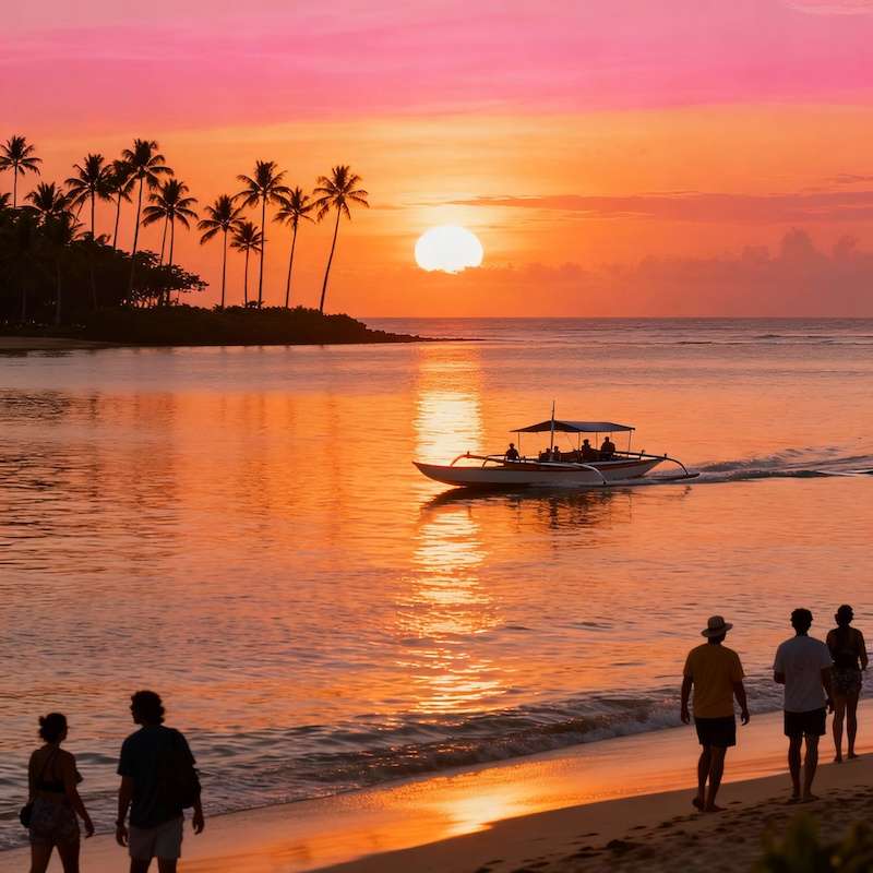 Tropical sunset in Philippines with palm trees and traditional boat silhouette