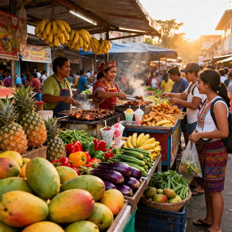 Local Filipino market with fresh tropical fruits and street food vendors