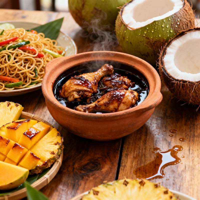 Traditional Filipino cuisine adobo and tropical fruits authentic restaurant meal