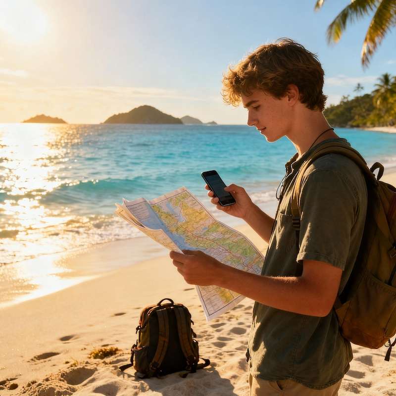 Traveler planning Philippines island hopping trip on tropical beach with map