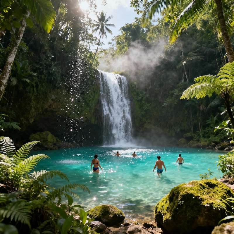 Hidden waterfall in Philippines jungle with natural swimming pool and lush vegetation