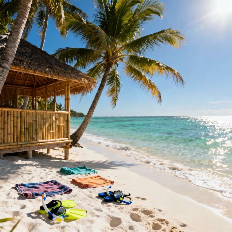 White sand beach in Philippines with palm trees and crystal clear water